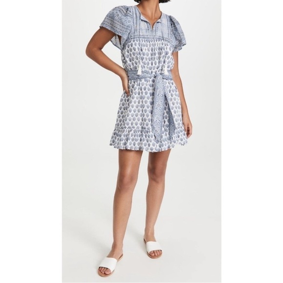 Cleobella Leah Mini Dress Blue White Hydrangea Floral Flutter Sleeve Belt Size M - Picture 15 of 15